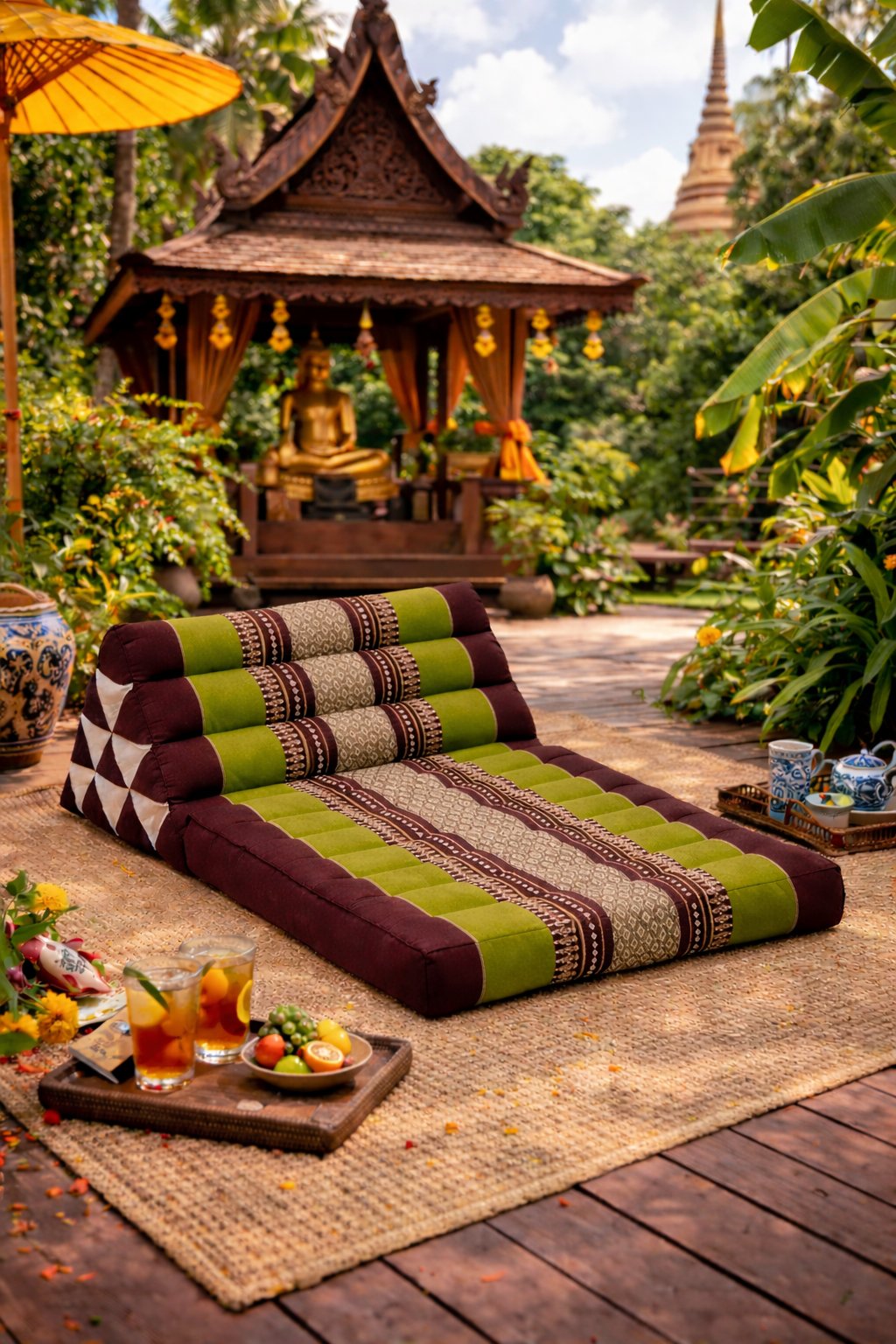 Groen bruin Thais driehoekskussen in tropische tuin bij Thaise tempel en Boeddhabeeld