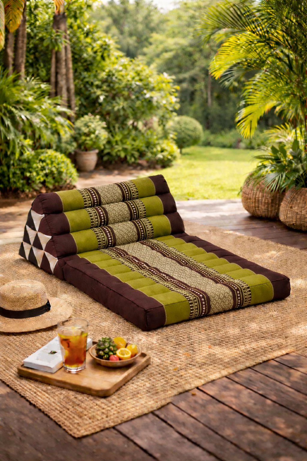 Groen bruin Thais driehoekskussen op terras in groene tuin met zomerse sfeer