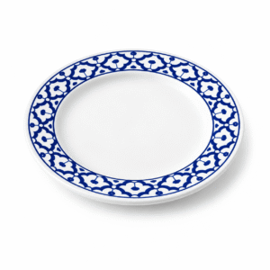 Blauw-wit keramisch dinerbord van 19 cm met decoratief patroon langs de rand.