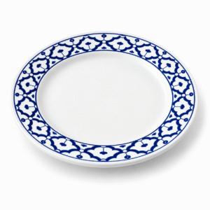 Blauw-wit keramisch dinerbord van 22 cm met decoratief patroon langs de rand.