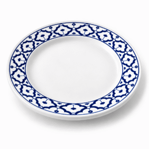 Blauw-wit keramisch dinerbord van 26 cm met decoratief patroon langs de brede rand.