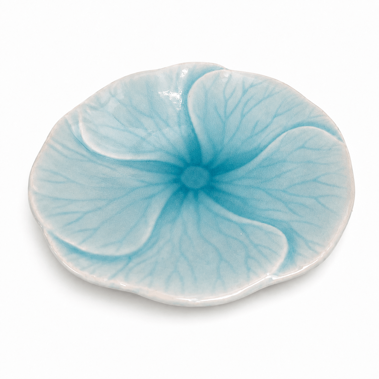 Blauw bloembord Lotus van 17,5 cm met bloemvormig reliëf en glanzende afwerking.
