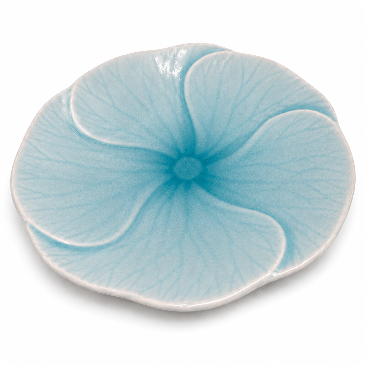 Blauw bloembord Lotus van 20 cm met bloemvormig reliëf en glanzende afwerking.