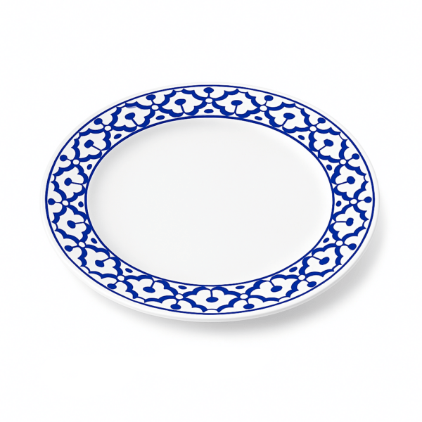 Keramisch bord van 24 cm met traditioneel Thais blauw-wit patroon op de rand.