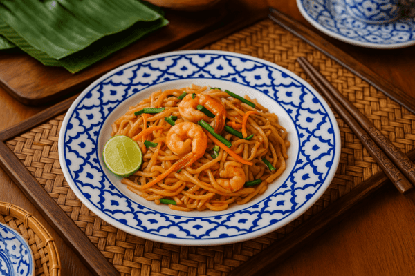 Thaise noedels met garnalen, wortel en limoen op keramieken bord met blauw-wit patroon, geserveerd met eetstokjes.