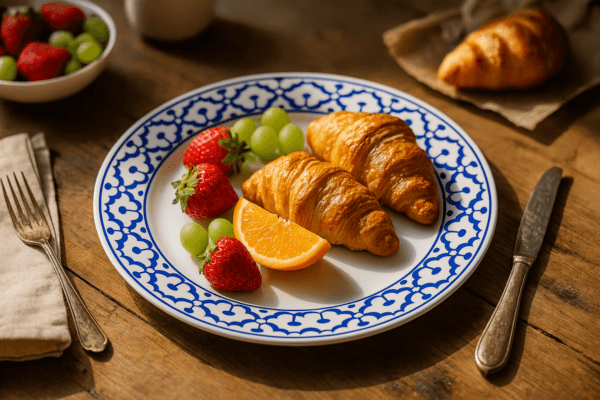 Ontbijtsfeer met Thais blauw-wit bord, geserveerd met croissants, aardbeien, druiven en sinaasappel op houten tafel.