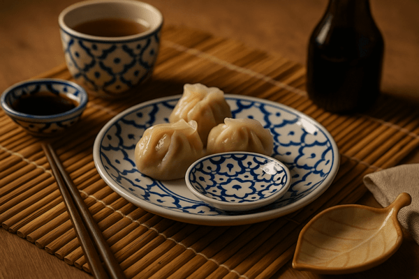 Blauw-wit Thais bord van 14 cm met drie dimsumhapjes en klein sausbakje, op bamboemat met chopsticks