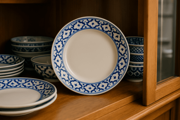 Rond blauw-wit bord van 19 cm gepresenteerd rechtop in een houten servieskast, omringd door bijpassende kommen