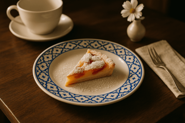 Blauw-wit Thais bord van 19 cm met een punt abrikozengebak, kopje koffie op houten tafel