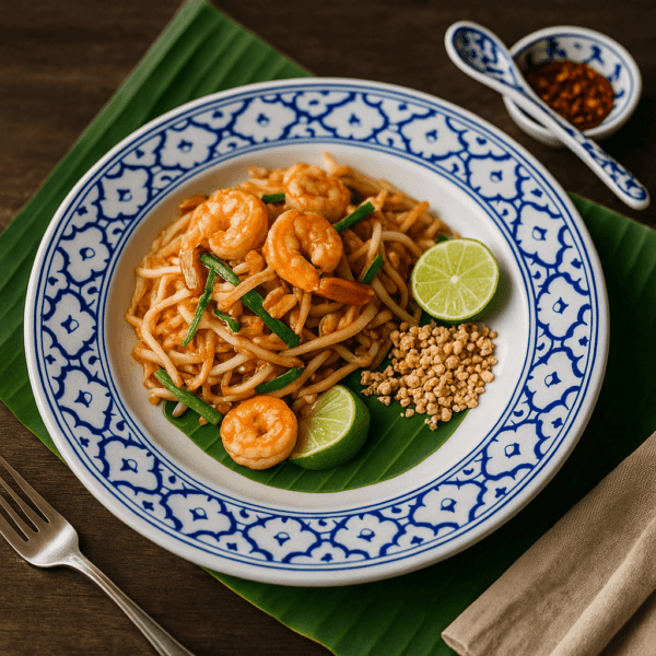 Rond blauw-wit Thais bord van 22 cm met pad thai, garnalen, limoen en chili op bananenblad