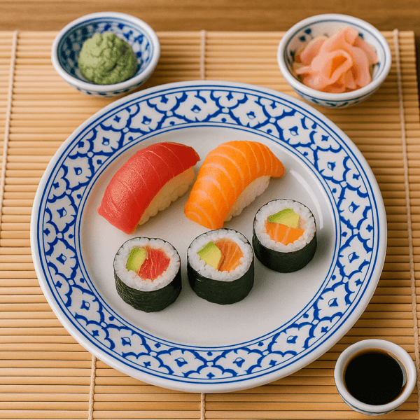 Rond blauw-wit Thais bord van 22 cm met sushi, wasabi en sojasaus op bamboematje