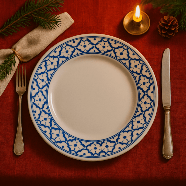 Groot blauw-wit keramisch bord van 24 cm op een feestelijk gedekte kersttafel met kaarslicht