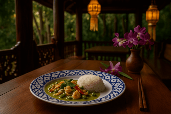 Thaise curry met garnalen, groenten en rijst op traditioneel blauw-wit keramieken bord, geserveerd op houten tafel met orchideeën.