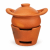 Grote terracotta vuurpot met handvatten, deksel en onderstel voor een warmtebron.