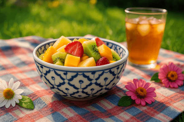 Zomers tafereel met kleurrijke fruitsalade in Thaise kom met pineapple-patroon, geserveerd op picknickkleed met ijsthee.