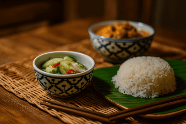 Thaise maaltijd met kommetje komkommersalade, witte rijst op bananenblad en curry op de achtergrond.