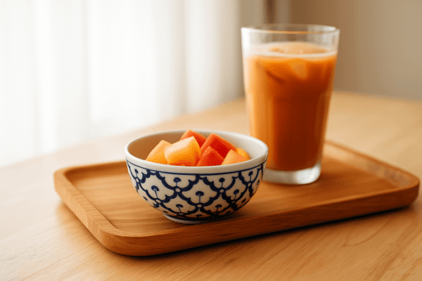 Handgemaakt Thais kommetje gevuld met vers gesneden fruit naast een glas Thaise ijsthee.