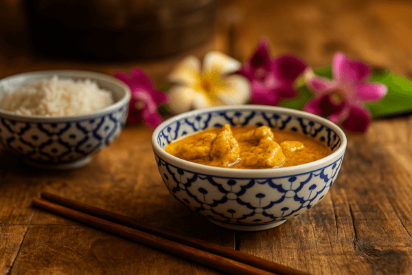 Authentieke Thaise keramieken kom met gele curry en rijst, geserveerd met eetstokjes en orchideeën op houten tafel.