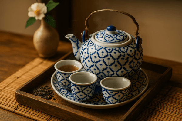 Traditionele Thaise theeset van keramiek – dampende thee in rustieke setting met bloem op de achtergrond