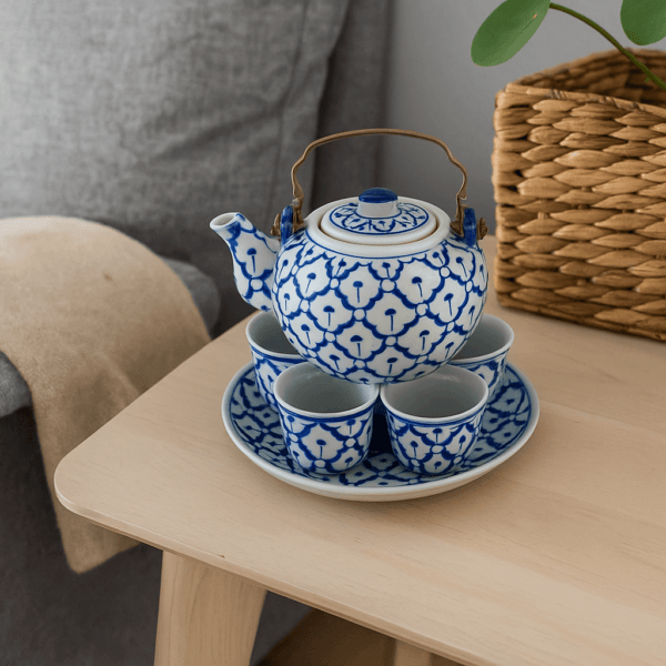 Aziatische theeset van keramiek – theepot met ijzeren handvat en vier kopjes op bijpassend bord
