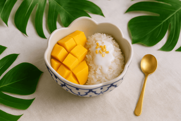 Authentieke Thaise bloemvormige kom met mango sticky rice en kokosmelk, geserveerd op licht tafelkleed met groene bladeren.