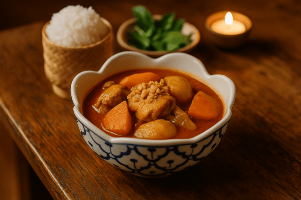 Handgeschilderde Thaise bloemkom van 18 cm met massaman curry en rijst in traditioneel servies op houten tafel.