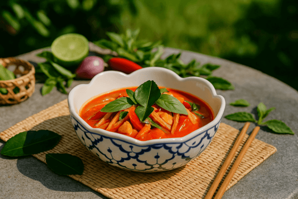 Thaise bloemvormige kom van 18 cm gevuld met rode curry, geserveerd op een rieten placemat met verse kruiden op de achtergrond.