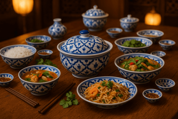 Gedekte tafel met uitgebreide Thaise keramiek serviescollectie in blauw-wit motief, inclusief serveerkommen met deksel, rijstkommen en sausbakjes. Laat me weten als je ook de productnamen, beschrijvingen of bol.com-titels van dit servies wilt optimaliseren!