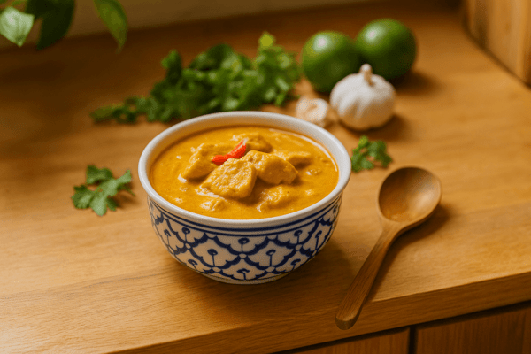 Handgeschilderde Thaise kom van keramiek gevuld met gele curry en kip, op een houten keukenblad met verse kruiden op de achtergrond.