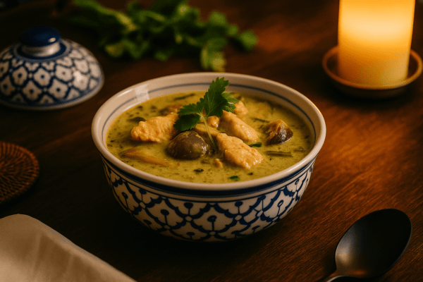 Handgeschilderde Thaise kom gevuld met gele curry en basilicum, geserveerd op een rotan placemat met rijst, loempia’s en bloemen in zomerse sfeer.