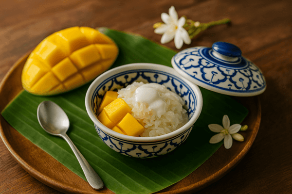 Thaise kom van keramiek met mango sticky rice en kokosroom, geserveerd op een bananenblad met verse mango en witte bloemen.