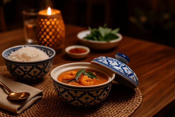 Thaise keramische kom met blauwe patronen en deksel, gevuld met rode curry en garnalen, op een sfeervol gedekte tafel met kaarslicht.