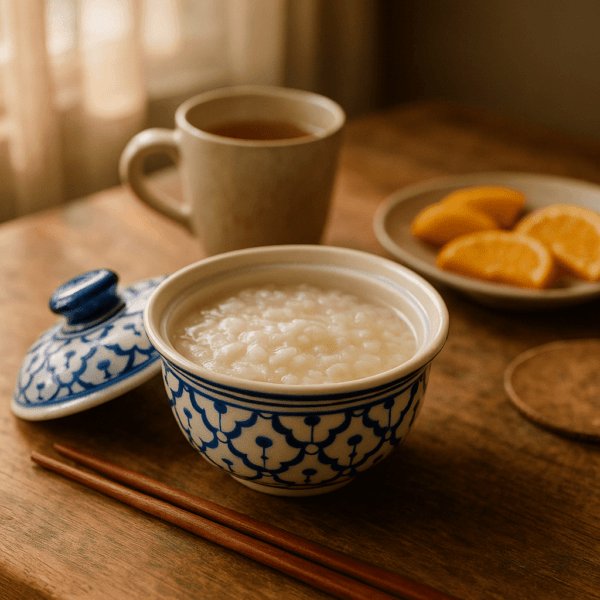 Blauwwitte Thaise kom met warme rijstepap, gepresenteerd met thee en partjes sinaasappel op een houten ontbijttafel in zacht ochtendlicht.