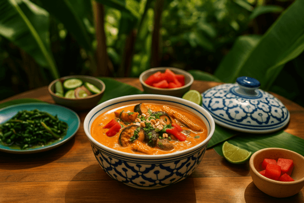 Blauwwitte Thaise keramische kom met rode curry en groenten, geserveerd op een houten tafel in een tropische setting met limoen en bijgerechten.
