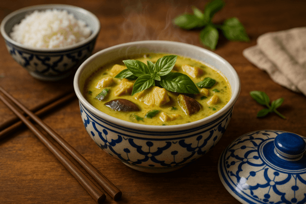 Handgeschilderde Thaise serveerkom van keramiek met blauwe motieven, gevuld met groene curry en basilicum, op houten tafel met stokjes.