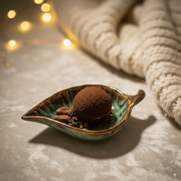 Donkergroen blaadje-serveerschaaltje met een cacaobruine chocoladetruffel en cacaobonen op een zachte ondergrond met sfeerverlichting.
