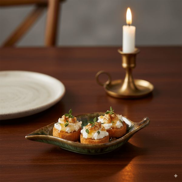 Donkergroen blaadje-serveerschaaltje met drie hartige toastjes met geitenkaas, honing en tijm, op een houten tafel met kaarslicht.