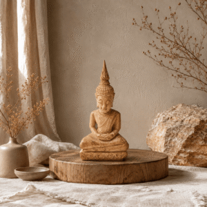 Handgemaakt houten Boeddha beeld van 23 cm op ronde houten verhoger in naturel interieur met linnen stoffen, droogbloemen en warme aardetinten.