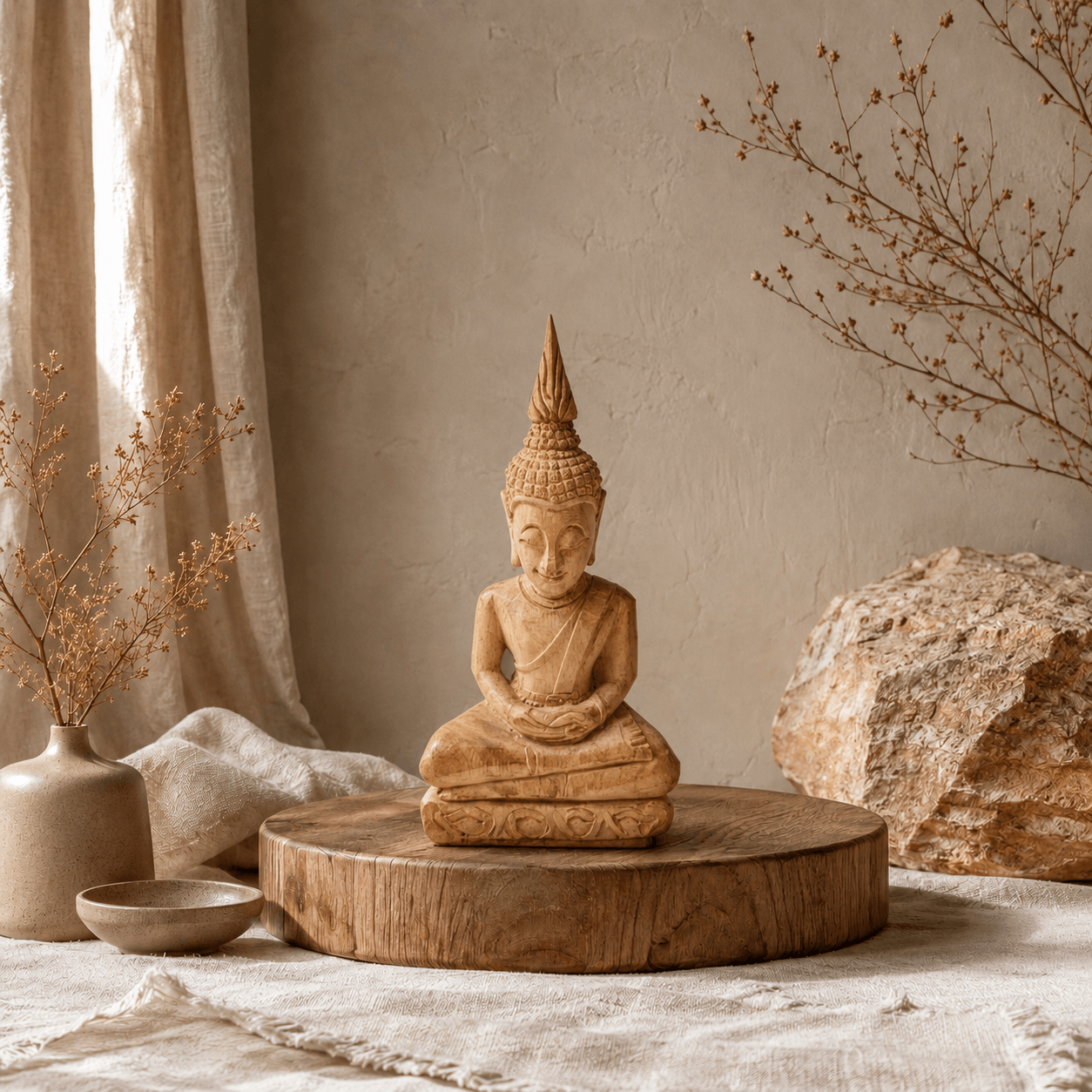 Handgemaakt houten Boeddha beeld van 23 cm op ronde houten verhoger in naturel interieur met linnen stoffen, droogbloemen en warme aardetinten.