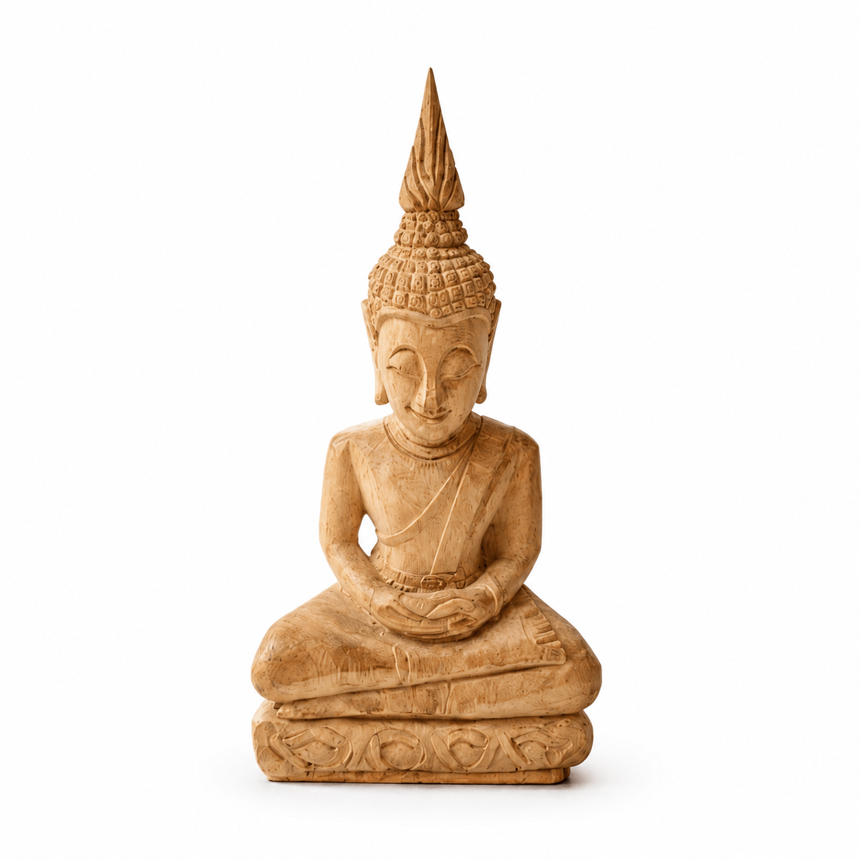 Handgemaakt houten Boeddha beeld van 23 cm in zittende meditatiehouding met naturel houtkleur en puntige hoofdtooi.