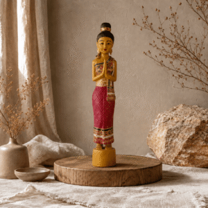 Rood met goudkleurig Sawadee Lady beeld van 50 cm op ronde houten verhoger in naturel interieur met linnen stoffen, droogbloemen en warme aardetinten.