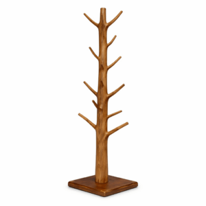 Vrijstaande kapstok in boomvorm van licht massief hout met donkere houten voet op witte achtergrond