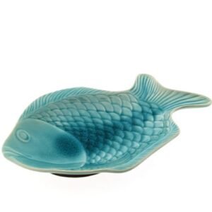 Turquoise keramieken visbord 32 cm in visvorm schuin bovenaanzicht