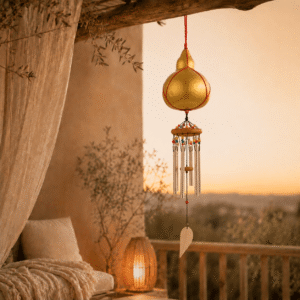 Thaise windgong met gouden bol, metalen buisjes en wit bladvormig hangertje hangend op een sfeervol terras bij zonsondergang.