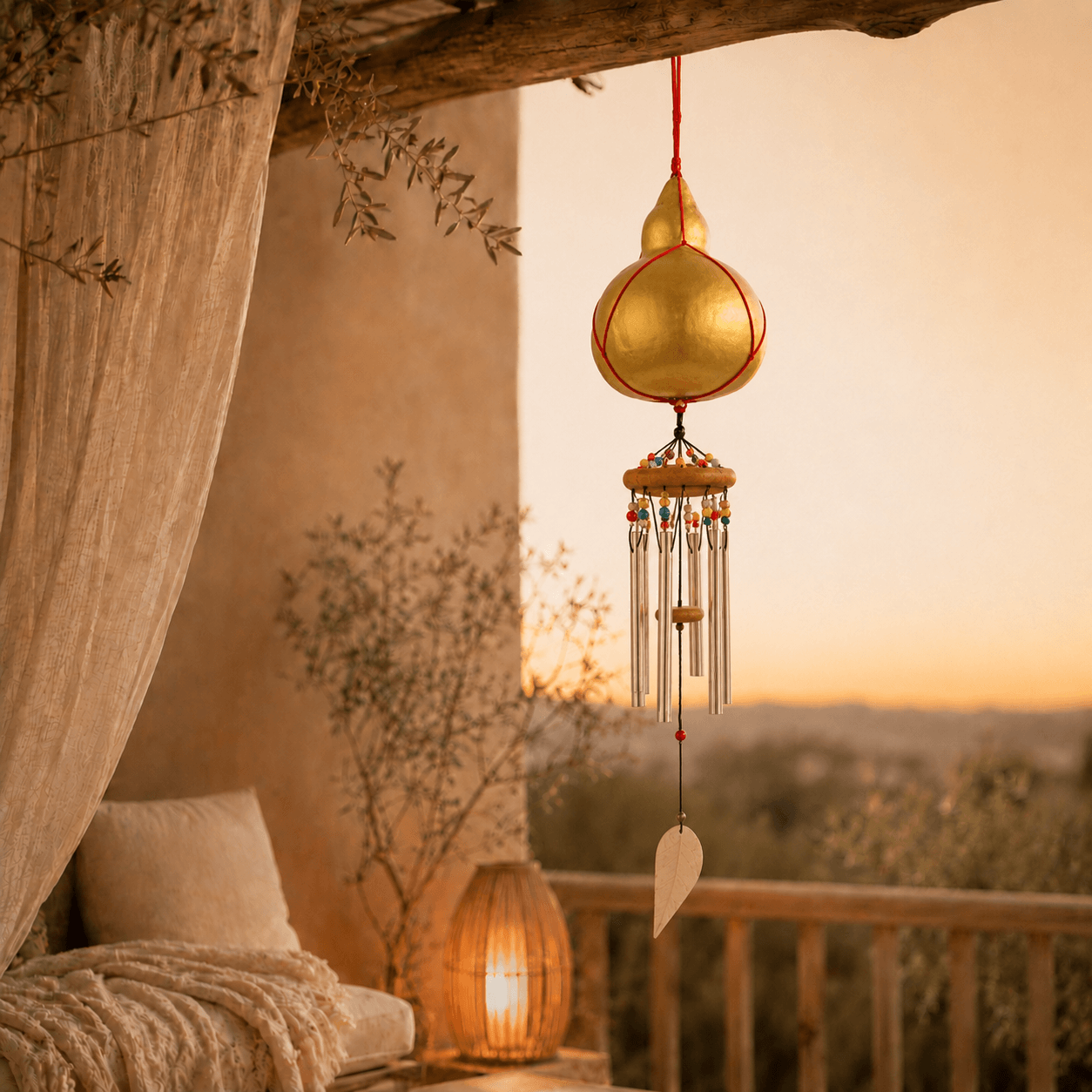 Thaise windgong met gouden bol, metalen buisjes en wit bladvormig hangertje hangend op een sfeervol terras bij zonsondergang.