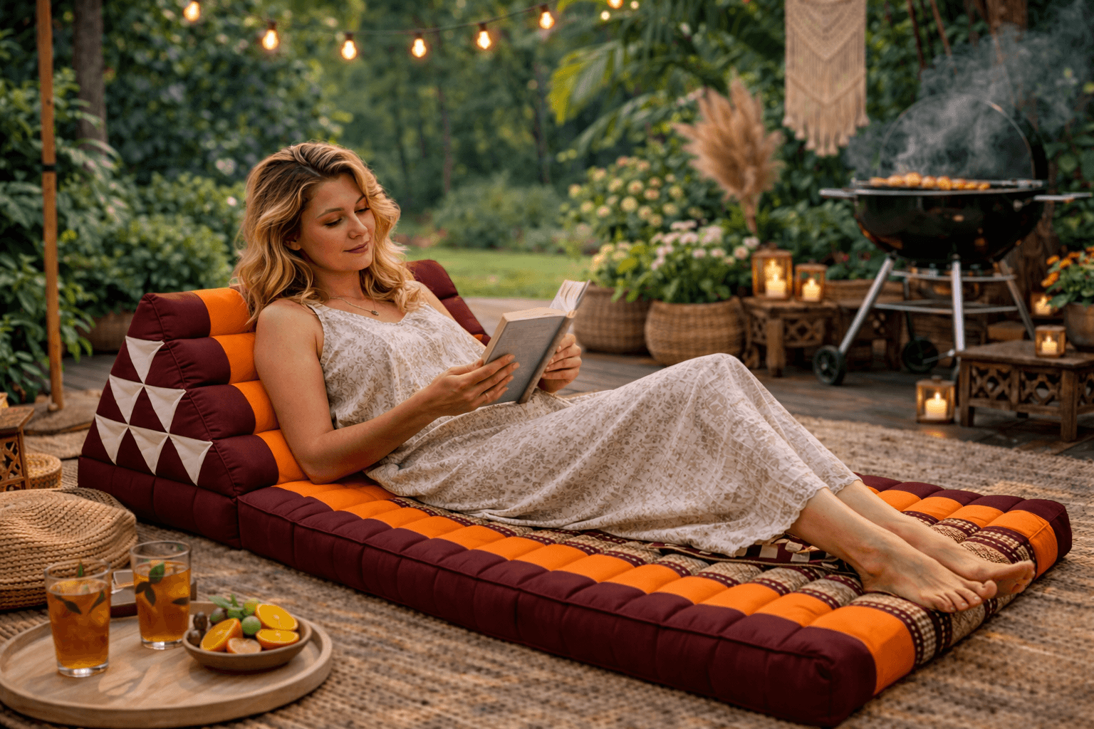 Vrouw ontspant met boek op oranje bordeaux Thais driehoekskussen in sfeervolle tuin