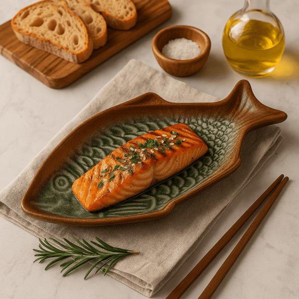 Keramisch visschaaltje in groen en bruin met zalmfilet, rozemarijn en brood op een lichte ondergrond.