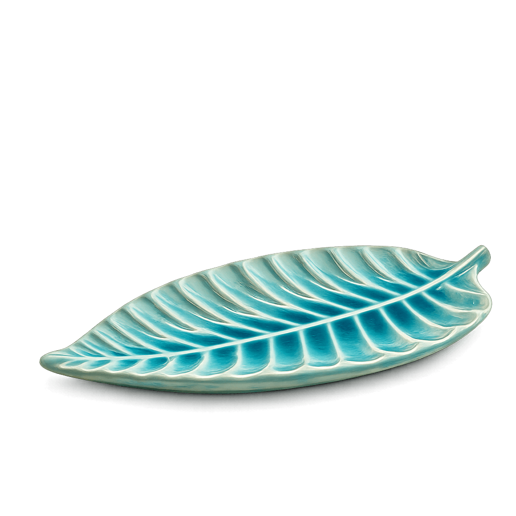 Blauwe keramische bladschaal van 28 cm met glanzend bladmotief op een vrijstaande achtergrond