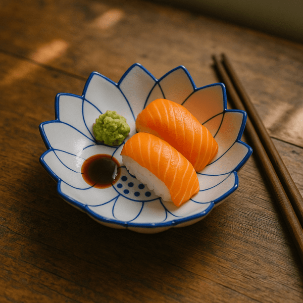 Kom in de vorm van een lotusbloem met sushi, wasabi en sojasaus op houten tafel