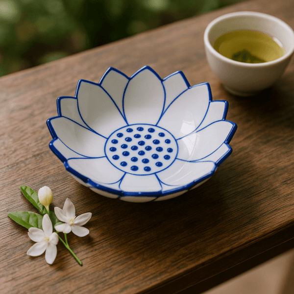 Blauwwitte lotusbloemkom als decoratief object naast jasmijnbloemen en kopje thee